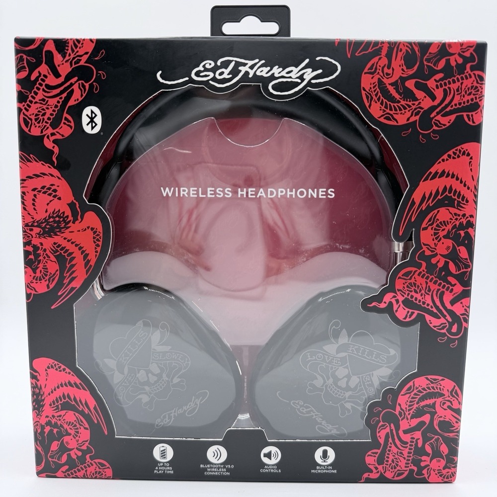 Ed Hardy Wireless Bluetooth Headphones Black Love Kills Slowly Skull NIB